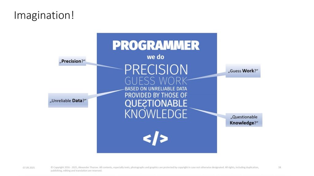 Slide: „Imagination! Programmer: We do precision guess work, based on unreliable data, provided by those of questionable knowledge"