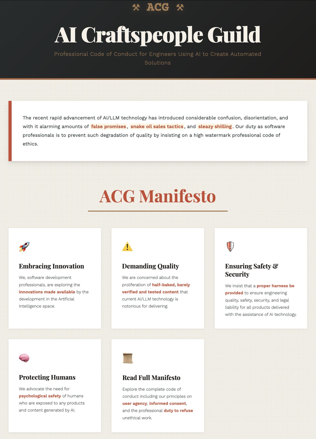 Screenshot of AI Craftspeople Guild Manifesto website